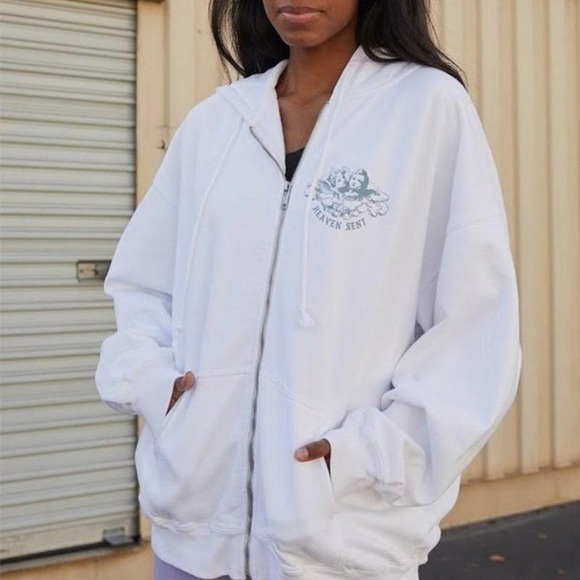 Brandy Melville Sweaters - Brandy Melville Heaven Sent Christy White Full Zip Hooded Sweater OS